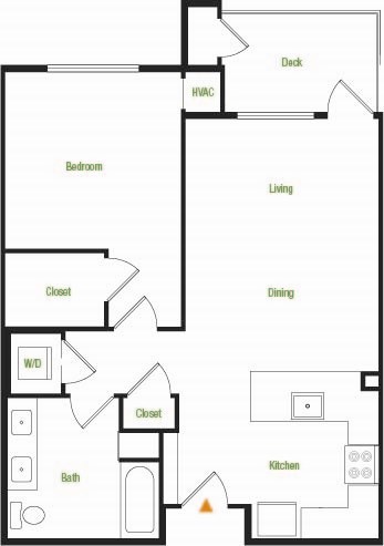 Floor plan for 1 bed, 1 bath, 748 sqft